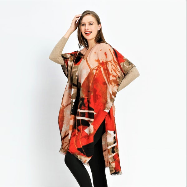Wool Kimono for Women, Red short Sleeve Autumn daily Cover up, lightweight  winter kaftan, Multi-use  Yellow and red Kimono Poncho