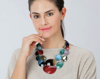 Colorful COLLAR NECKLACE–Metallic Blue Acrylic Necklace –Lightweight Unique Necklace – Chunky Necklace – Gift for Her-Multi layer necklace