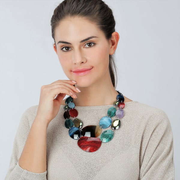 Colorful COLLAR NECKLACE–Metallic Blue Acrylic Necklace –Lightweight Unique Necklace – Chunky Necklace – Gift for Her-Multi layer necklace