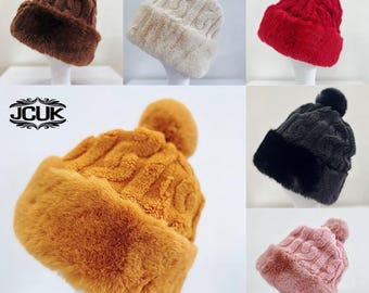 Super soft and fluffy Faux Fur Bobble Hat, Wool Blend Knit winter hat