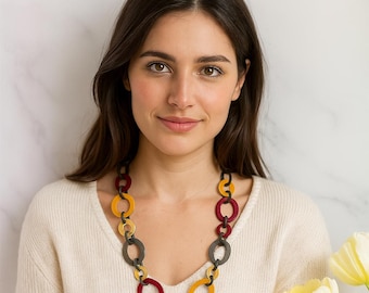Chunky Geometric Resin Statement Necklace - Red, Yellow, Orange & Gray