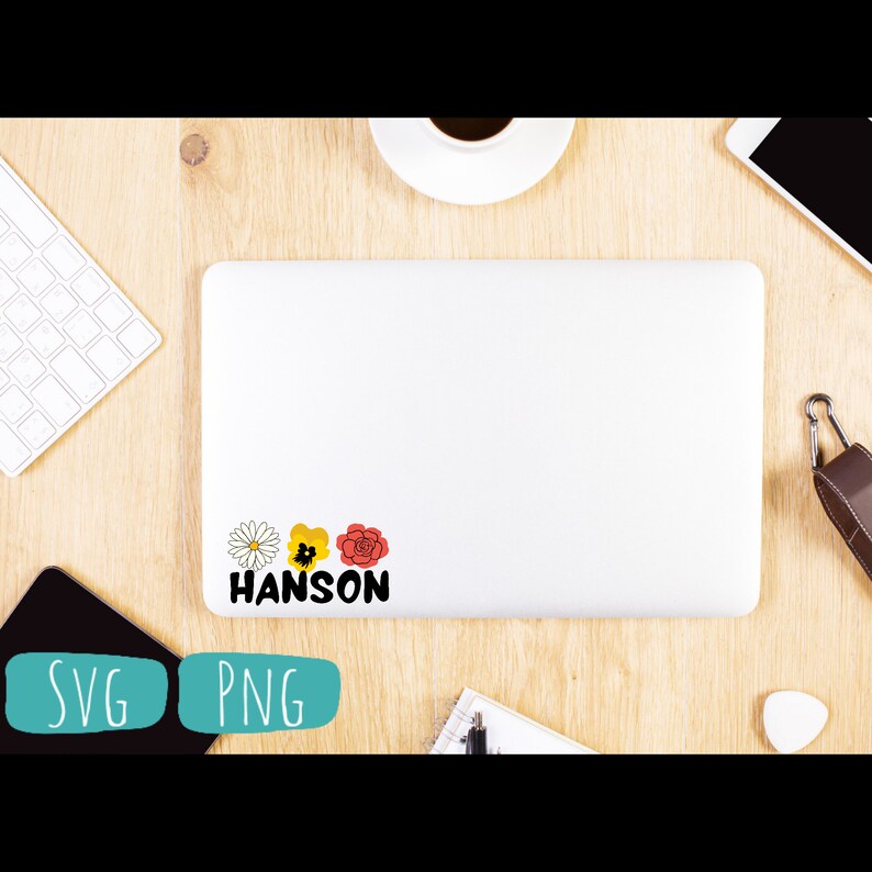 May include: A white laptop with a sticker on it. The sticker has three flowers and the word "HANSON" in black letters.