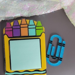 Crayon Acrylic Sticky Note Holder with matching acrylic paperclip | Bright Teacher Gifts | Functional Teacher Gifts | Trendy Classroom Decor