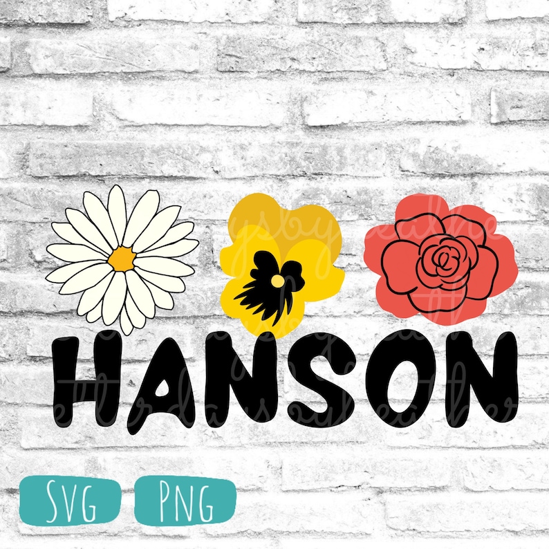 May include: A digital design featuring the name "HANSON" in black block letters with three flowers: a white daisy, a yellow pansy, and a red rose.