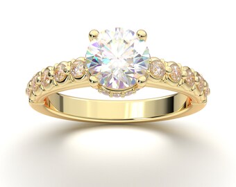14K Solid Gold Ring / 1CT ronde diamanten verlovingsring / stapelen ringen / Promise Ring / Moissanite Ring / Yellow Gold Ring voor vrouwen / Halo Ring