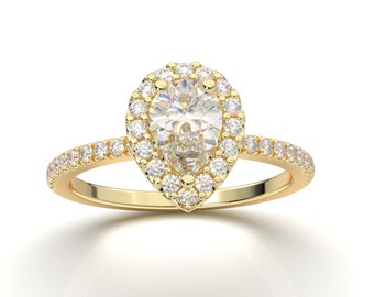 Anillo de halo de oro sólido de 14K / Centro de moissanita de corte de pera de 1.0CT / Anillo de compromiso de diamante / Anillo de boda de promesa / Anillo de aniversario / Anillo de oro amarillo