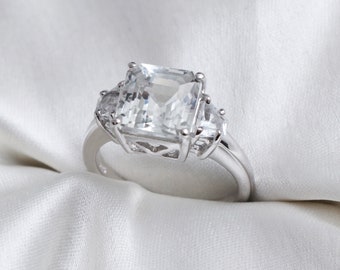 White Topaz Hand Carved Wedding Set Engagement Ring and Wedding Band 