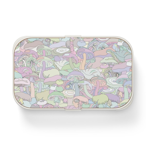 Pastel Mushrooms Bento Lunch Box • Cute Stackable Bento Lunch Box with Silicone Dividers and Utensils • Wood Tray and Elastic Straps • Gifts