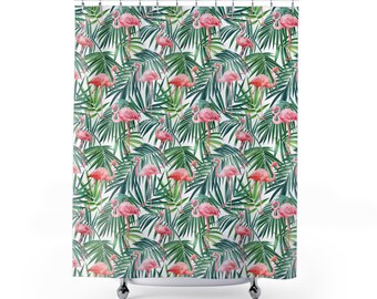 Pink Flamingos and Palm Leaves Shower Curtains
