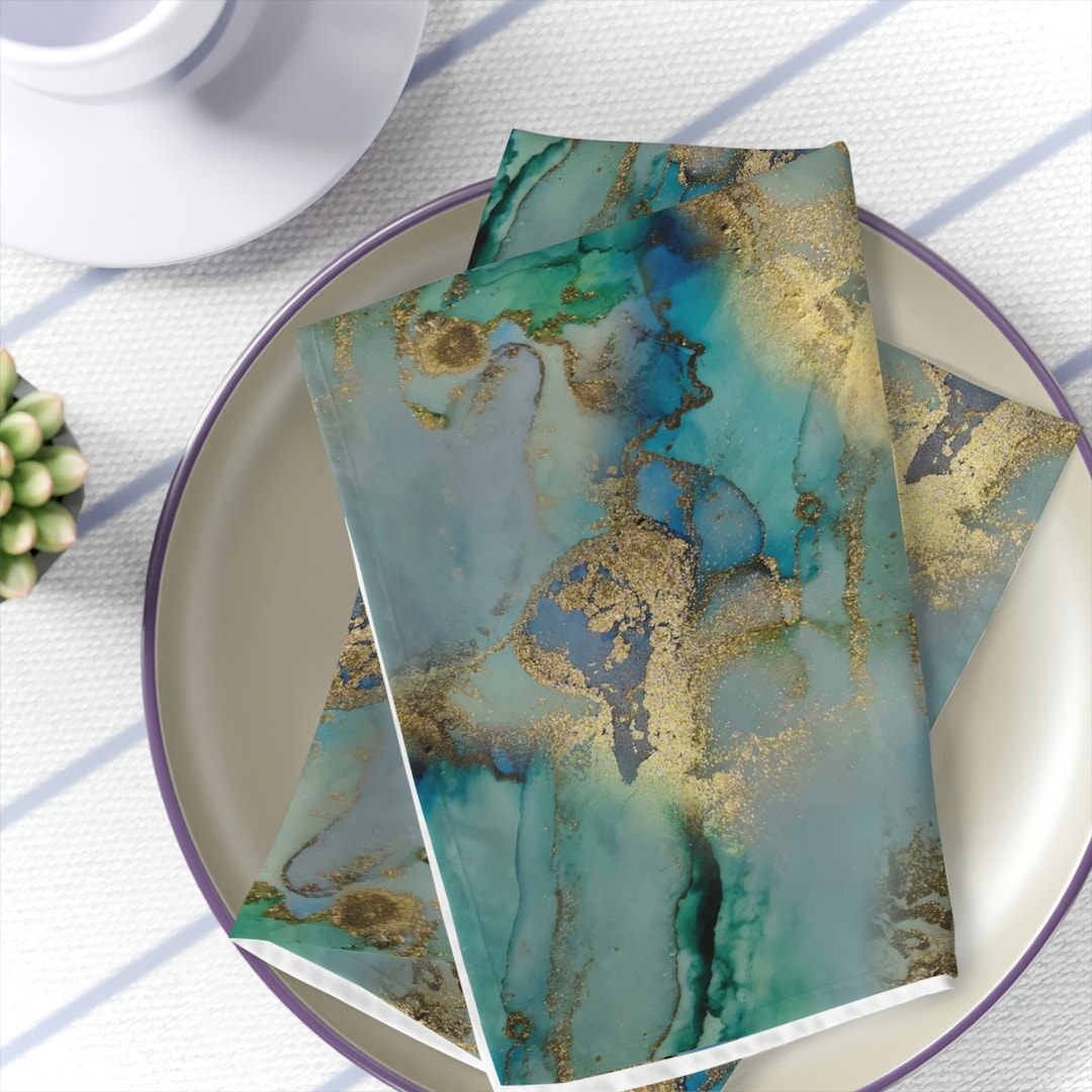 Gold and Blue Marble Napkins Set of 4 Kitchen and Dining Cloth Napkins