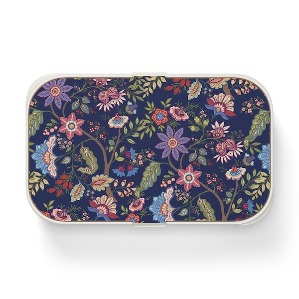 Jacobean Flowers Bento Lunch Box • Stackable Floral Design Lunch Box with Silicone Dividers and Utensils • Wood Tray and Removable Strap