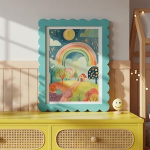 Whimsical Rainbow Landscape Print: Colorful Kids Room Wall Art