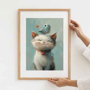 Lächelnde Katze und Vogel Druck: Laminierte Tierkunst