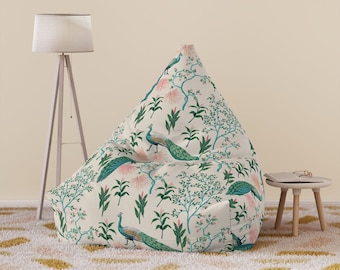 Chinoiserie Peacocks Bean Bag Chair Cover • Floor Seating • Bean Bag Cover • Dorm Decor • Home Decor • Gifts