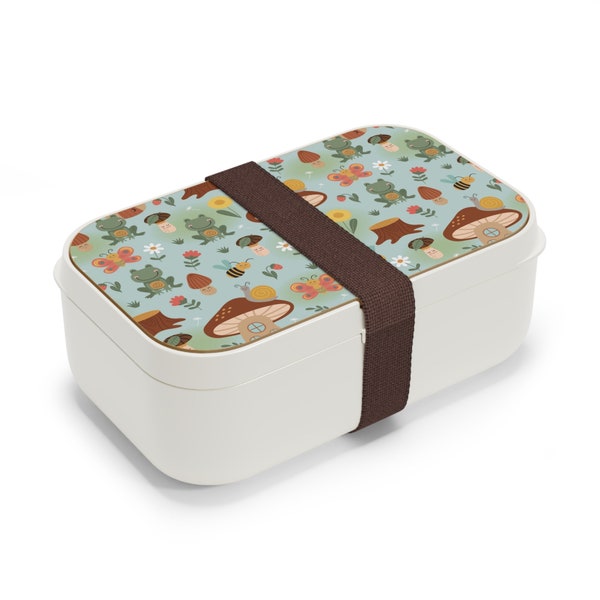 Frogs and Mushrooms Bento Lunch Box • Stackable Snack Box with Silicone Utensils and Wood Tray • Dividers and Securing Strap Included