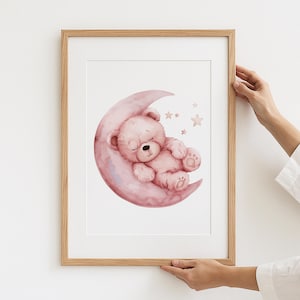 Schlafender Teddybär, Kunstdruck, Mond und Sterne, Kinderzimmer Dekor, Babyzimmer Kunst, niedlicher rosa Bär, Aquarell Illustration