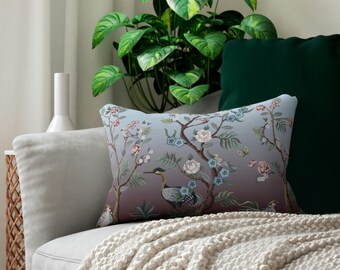 Chinoiserie Herons and Peonies Throw Pillow • Decorative Lumbar Pillow
