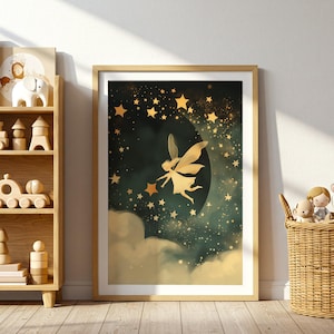 Fairy Art Print: Starry Sky, Moon, Whimsical Nursery Decor