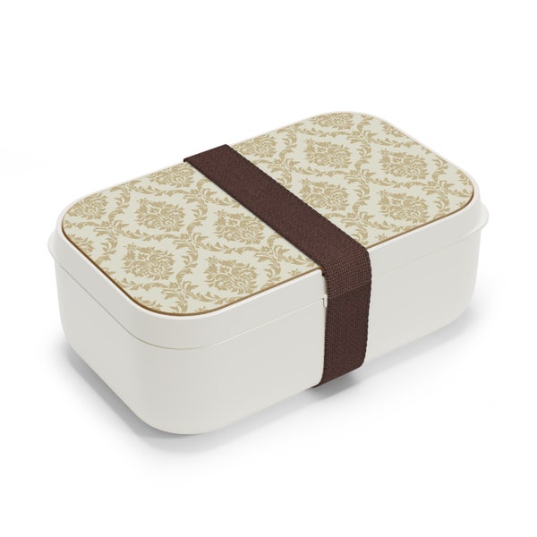 Beige Damask Bento Lunch Box • Stackable Lunch Box with Silicone Dividers and Utensils • Wood Tray and Cover with Removable Strap • Gifts