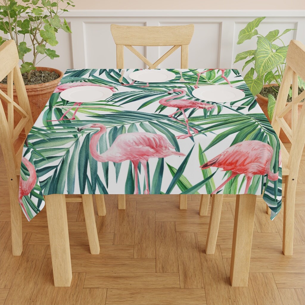 Pink Flamingos and Palm Leaves Tablecloth Kitchen and Dining Tablecloth Decor Gift for the Home Gifts Gifts for Her