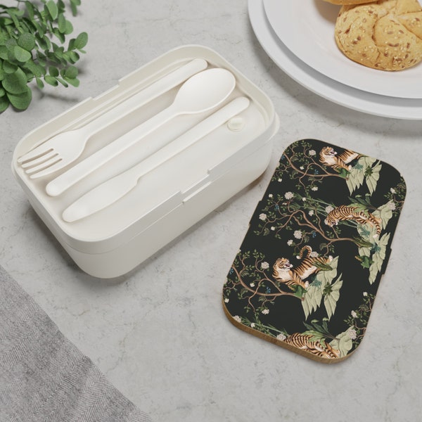 Chinoiserie Tigers and Peonies Bento Lunch Box • Silicone Lunch Box with Utensils and Wood Tray • Snack Box with Strap • Gift for Her