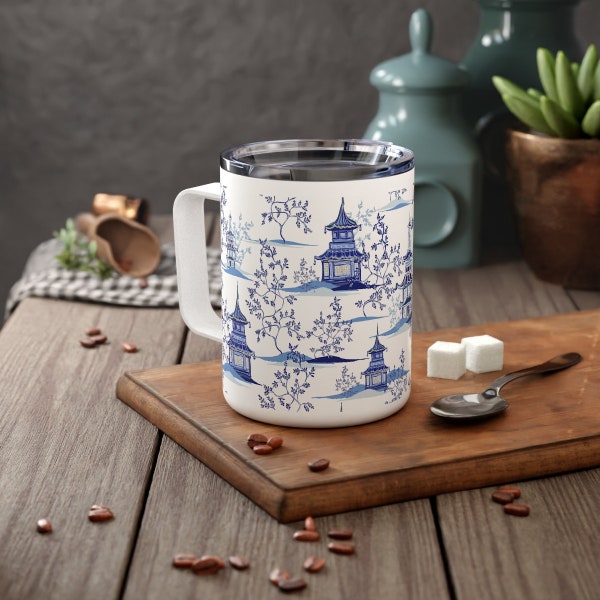 Chinoiserie Vintage Chinese Pagodas Insulated Coffee Mug • Stainless Steel Mug • Travel Mug • Best Friend Gift • Gift for Her • Gifts