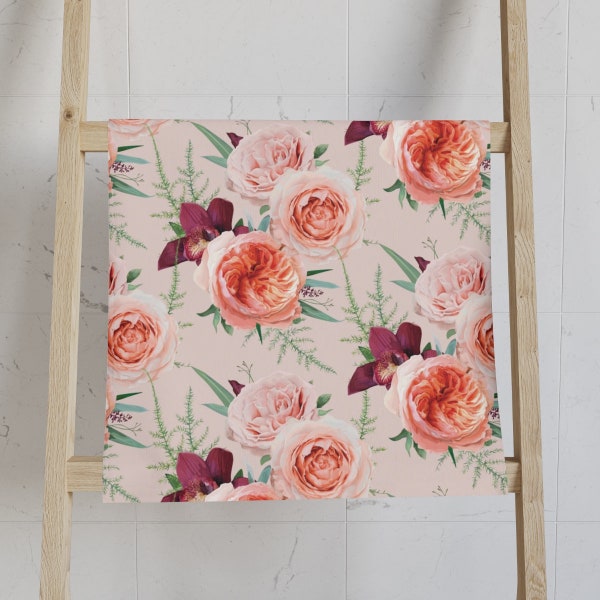 Blush Roses Hand Towel • Floral Bathroom Hand Towel • Decorative Polyester Front and Soft Cotton Back • Bathroom Accessories • Gifts