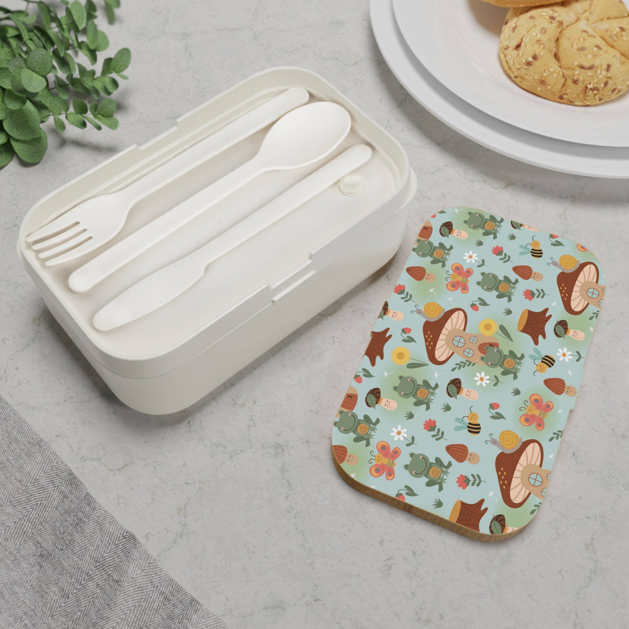 Frogs and Mushrooms Bento Lunch Box Stackable Snack Box With Silicone  Utensils and Wood Tray Dividers and Securing Strap Included 