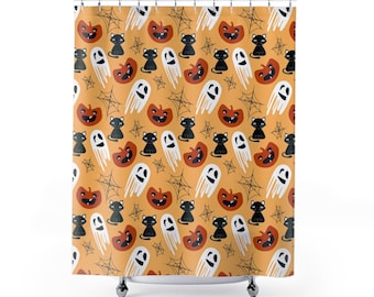 Halloween Cats and Ghosts Shower Curtain • Bathroom Decor • Seasonal Decor • Cute Shower Curtain • Halloween Decor • Gift for Her
