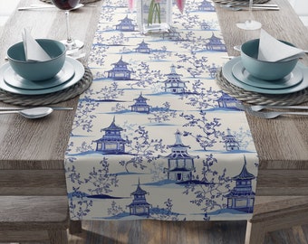 Chinoiserie Vintage Chinese Pagodas Table Runner • Unique Home Decor • Decor • Gift for the Home • Gifts for Mom • Gifts for Her • Gifts