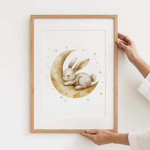 Sleeping Bunny Moon Wall Art Print, Nursery Decor, Cute Rabbit Poster, Baby Room Art, Celestial Nursery Art, Kids Room Decor