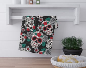 Gothic Sugar Skulls Kitchen Towel | Halloween Dish Towel