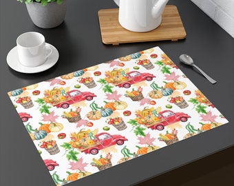 Autumn Harvest Trucks Cotton Placemat, 1 pc • Kitchen and Dining • Kitchen Decor • Decor • Home Decor • Gift for the Home • Fall Placemat