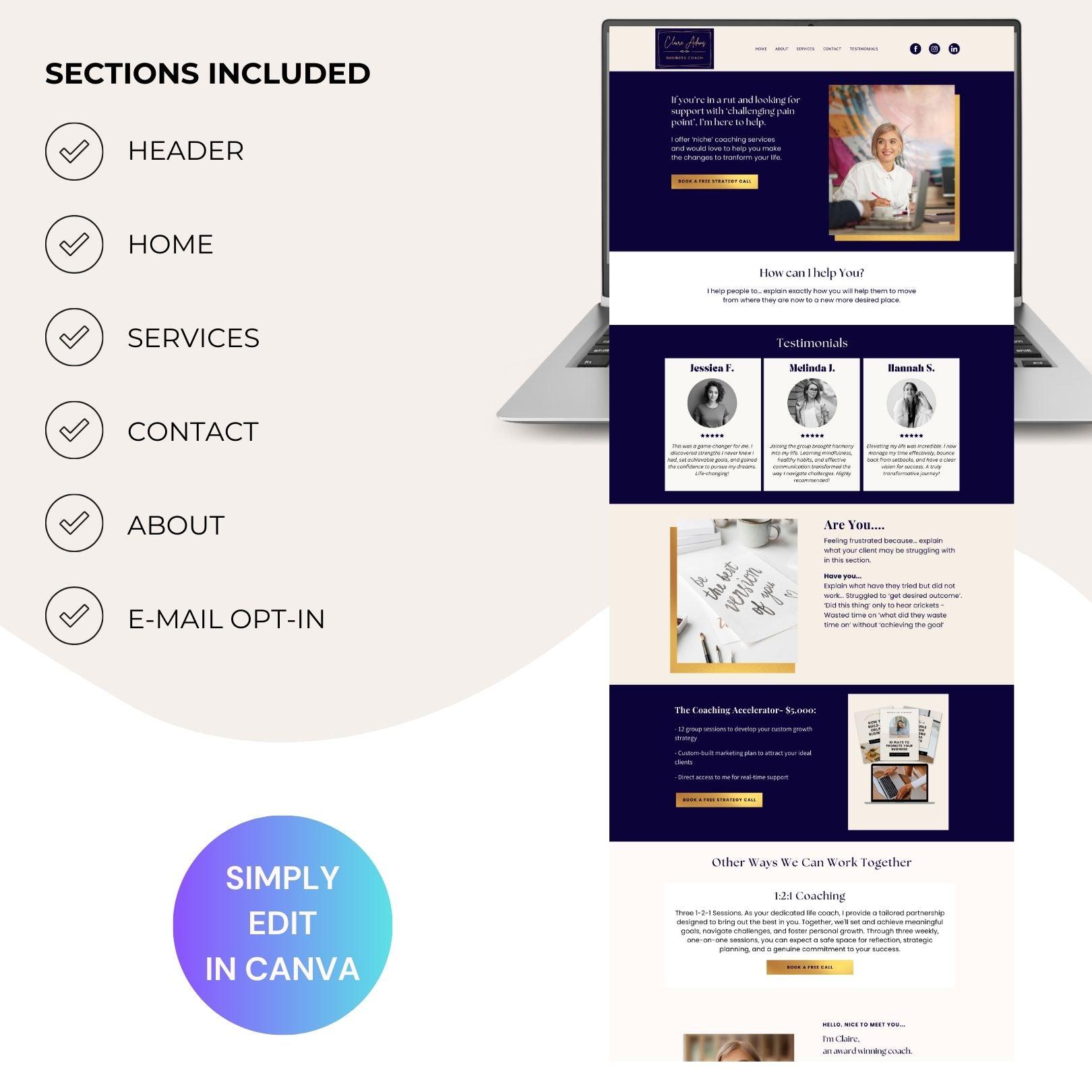Navy Website Examples Navy + Gold Canva Website Template for Coaches + Service Providers ...