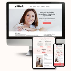 May include: A website screenshot showing a woman smiling and a call to action to "Let's Get Started". The website is for a business coach who helps people work less and make more money. The website also includes a section on how the coach can help and why you should trust her.