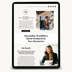 Puede incluir: Una página de inicio de un sitio web para un servicio de asistente virtual. El sitio web presenta una foto de una mujer hablando por teléfono y texto que dice "Optimizar los flujos de trabajo, aumentar la productividad, ahorrar recursos".