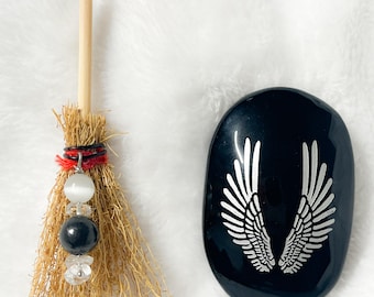 Witchy Protection Crystal Duo Set - Metaphysical Healing Guardian Angel Obsidian Palmstone & Handmade Mini Besom