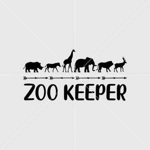 May include: Black and white silhouette design of a rhinoceros, zebra, giraffe, elephant, lion, and deer with arrows and the text "Zoo Keeper".