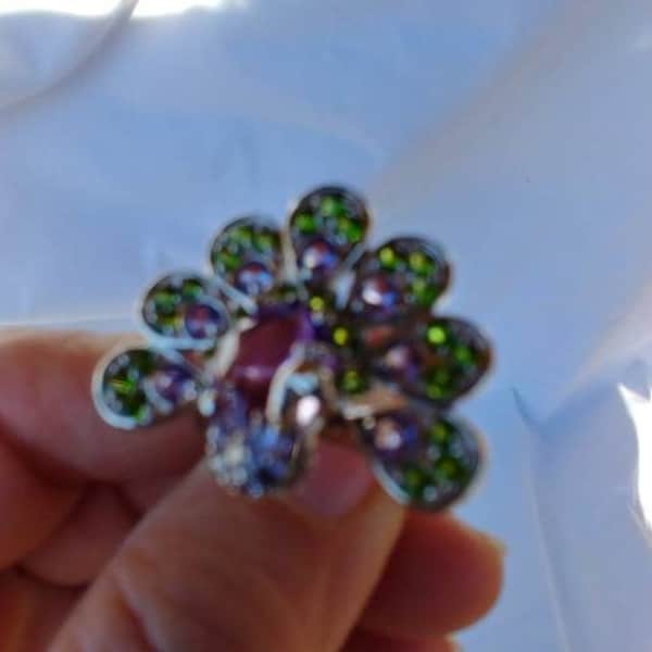 Peacock Ring with lavender and green stones