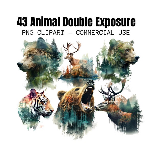 Watercolor Animal Forest Double Exposure Clipart - PNG - Commercial Use