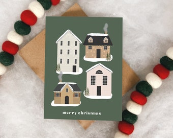 Christmas Village Christmas Note Cards-  Blank Greeting Card- Christmas Card- - Illustrated Stationary