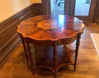 Vintage Maitland-Smith Accent Table: Burled Wood Sunburst Inlay, Regency Style
