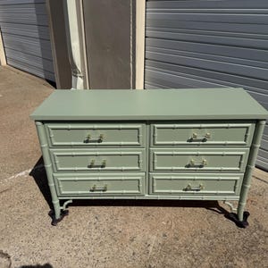 Dixie Aloha Vintage  Faux Bamboo 6-Drawer Dresser in Sage Green Hollywood Regency Coastal Chic