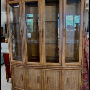 Available for customization Vintage American of Martinsville Faux Bamboo & Rattan China Cabinet