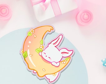 Sticker Bunny Melting Moon, mat gestanste sticker, kawaiistickers, konijnenliefhebber, laptopsticker, stickers konijn maan