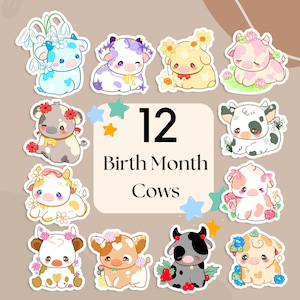 Pegatinas de vaca del mes de nacimiento 12, lindas pegatinas de vaca, pegatinas impermeables para botellas de agua, calcomanías para computadora portátil, regalos del mes de cumpleaños, regalo para amigos