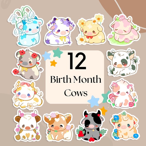 12 Birth Month Cow Stickers, Cute Cow Stickers, Waterproof Water bottle Sticker, Laptop Decal, Birthday Month Gifts, Gift for friends