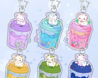 Aromatisierte Tee Kuh Acryl Schlüsselbund, Regenbogen Kuh Schlüsselbund, Kawaii Kuh Schlüsselbund Erdbeerkuh Schlüsselbund, Sterne Kuh Schlüsselbund, Geschenke für Freunde