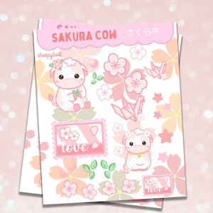 Kirschblüten Kuh Aufkleber, Kirschblüten Kuh Aufkleber, süße Kuh Aufkleber Blätter, Kuh Blumen Aufkleber, Geschenk für Kuh Liebhaber, rosa Kuh Aufkleber