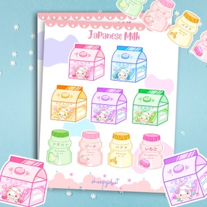 Kawaii Japanischer Milch Sticker Blatt, Milch Karton Aufkleber, Kuh Milch Planer Aufkleber, Kawaii Trink Aufkleber, Milch Journal Aufkleber